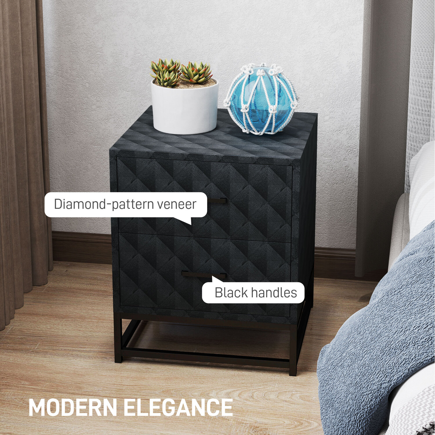 Homcom Bedside Table Side Table Set With Diamond Patterned Veneer - Black