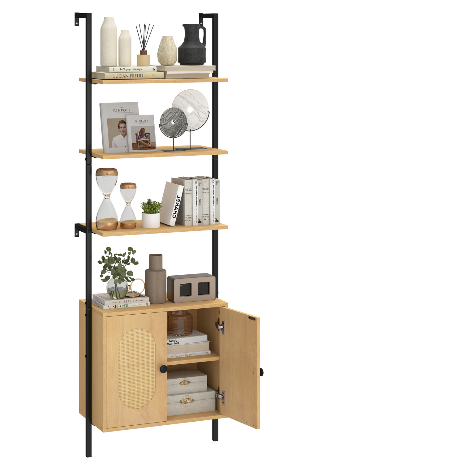 Wall Mount Bookcase With Rattan Cabinet - Natural