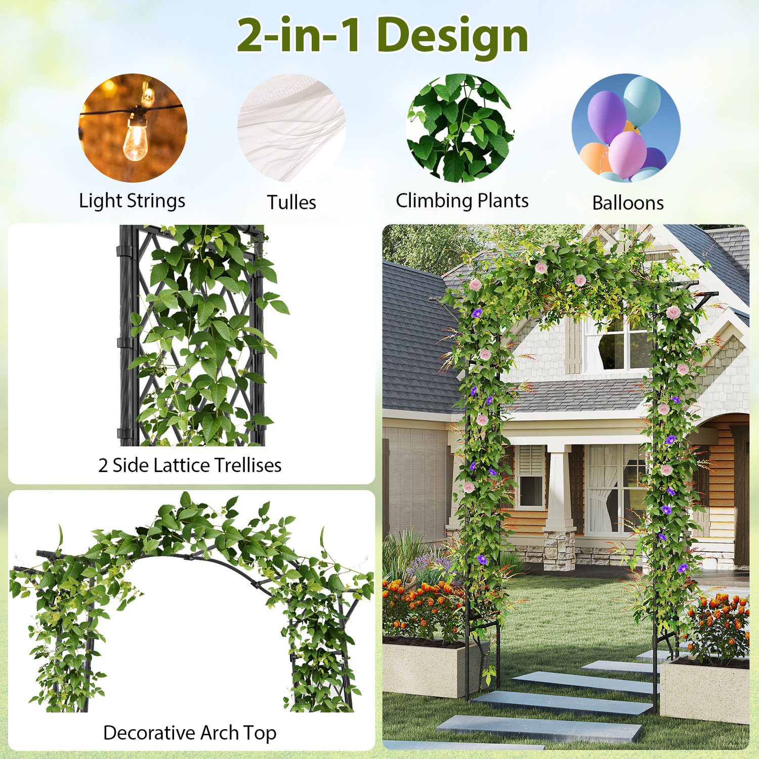170 X 210 Cm Garden Arch Trellis - Black