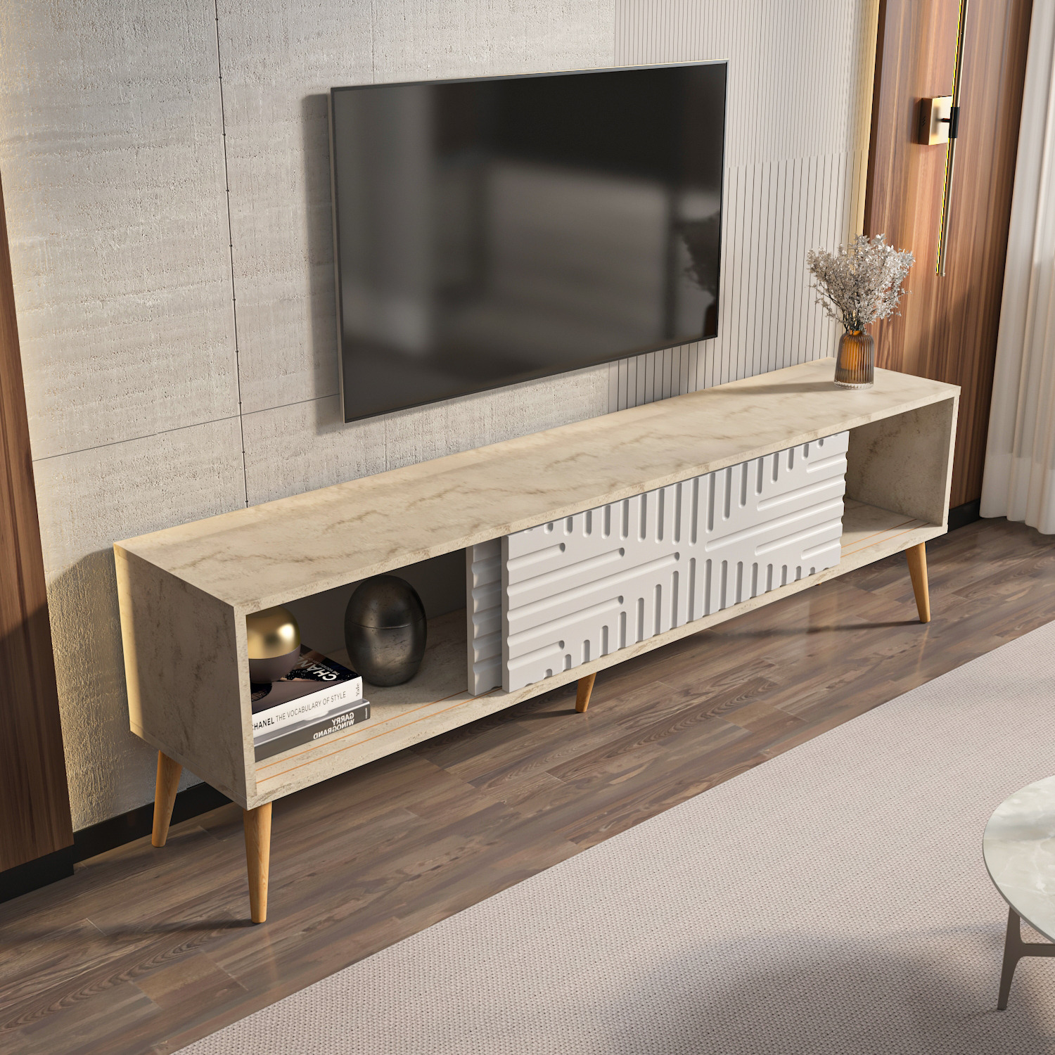 Riso Modern Tv Unit - Walnut And Traverter