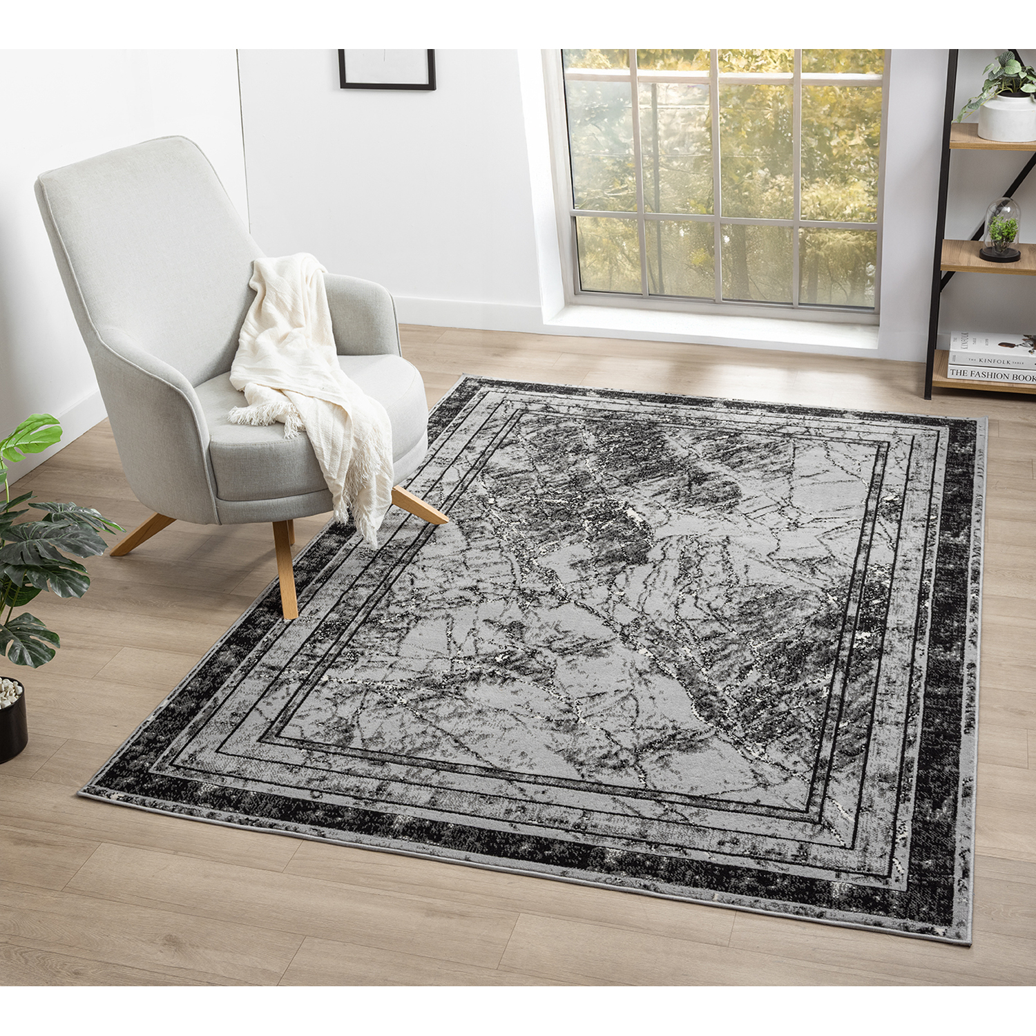 Obsidian Modern Low Pile Area Rug - Frame Abstract Design Grey Rug - Grey / 170cm