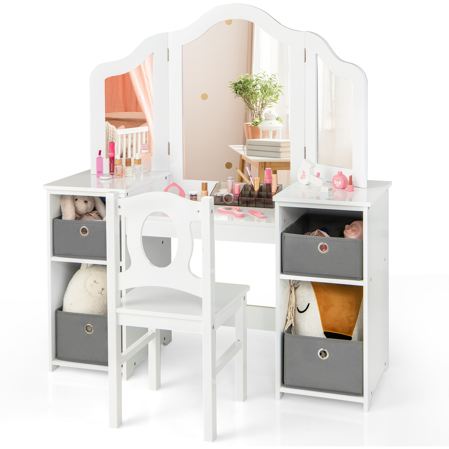 Kids Vanity Desk And Chair Set - Grey White