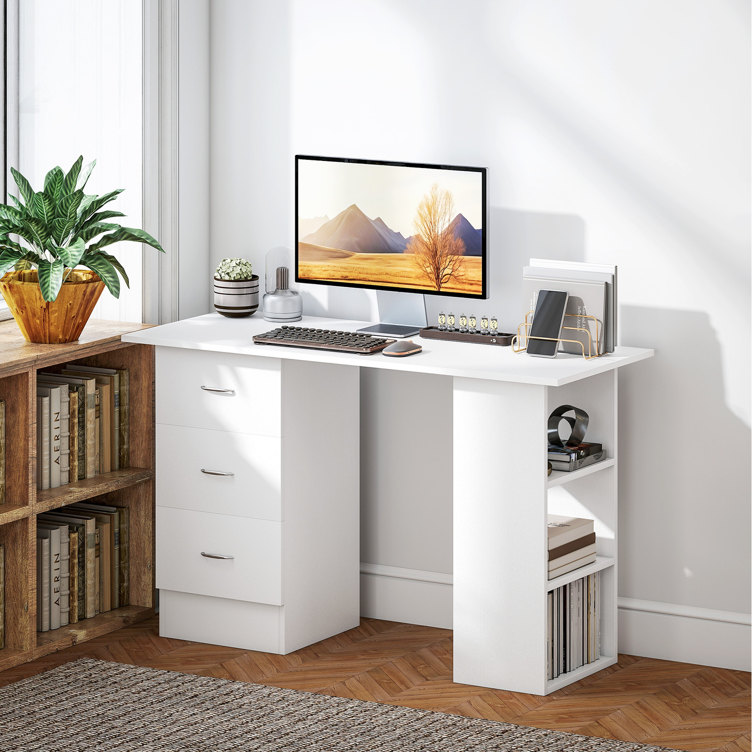 Homcom 120cm Computer Desk Pc Table Workstation Shelf Drawers White - White