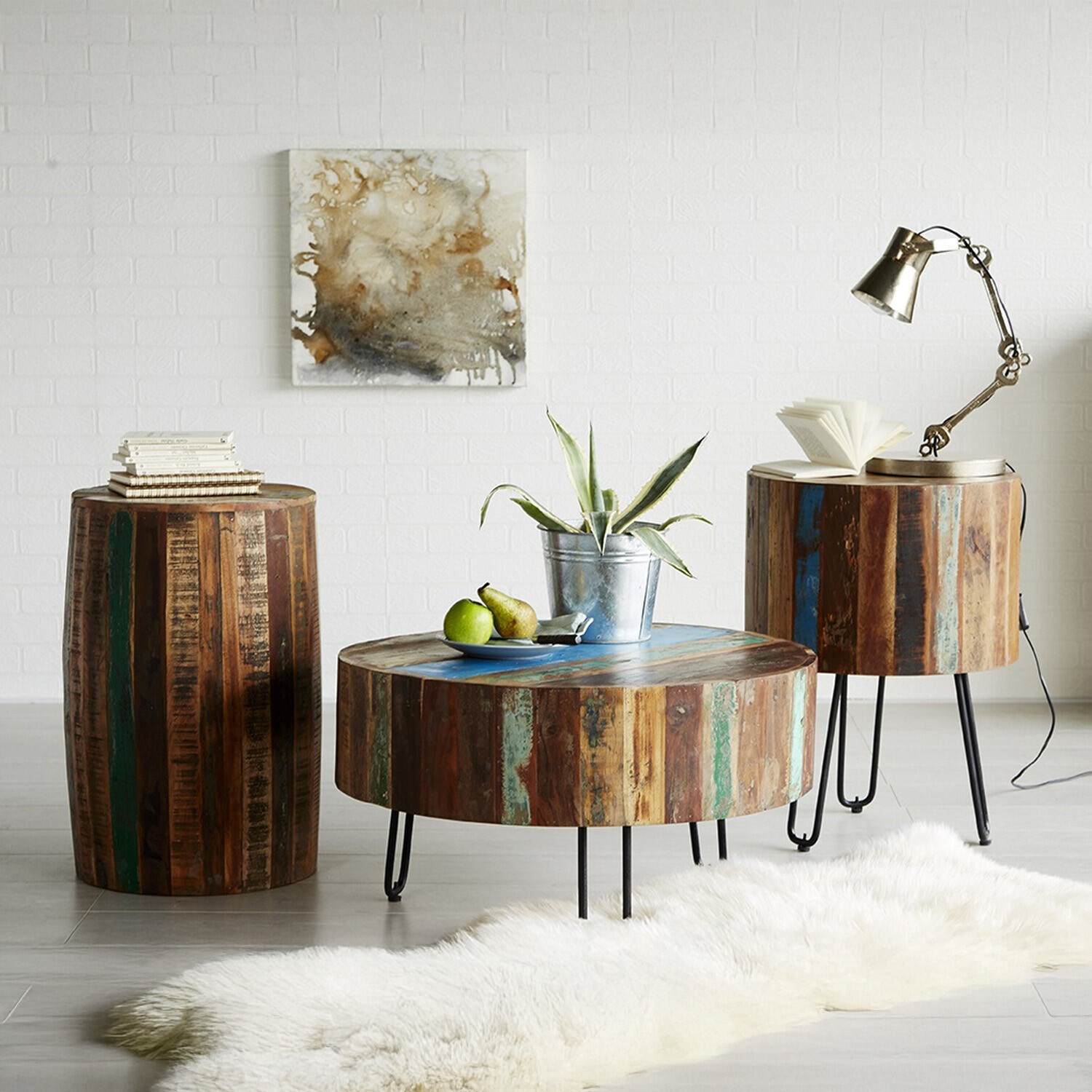 Reclaimed Boat Wood Round Drum Coffee Table - Multicolour