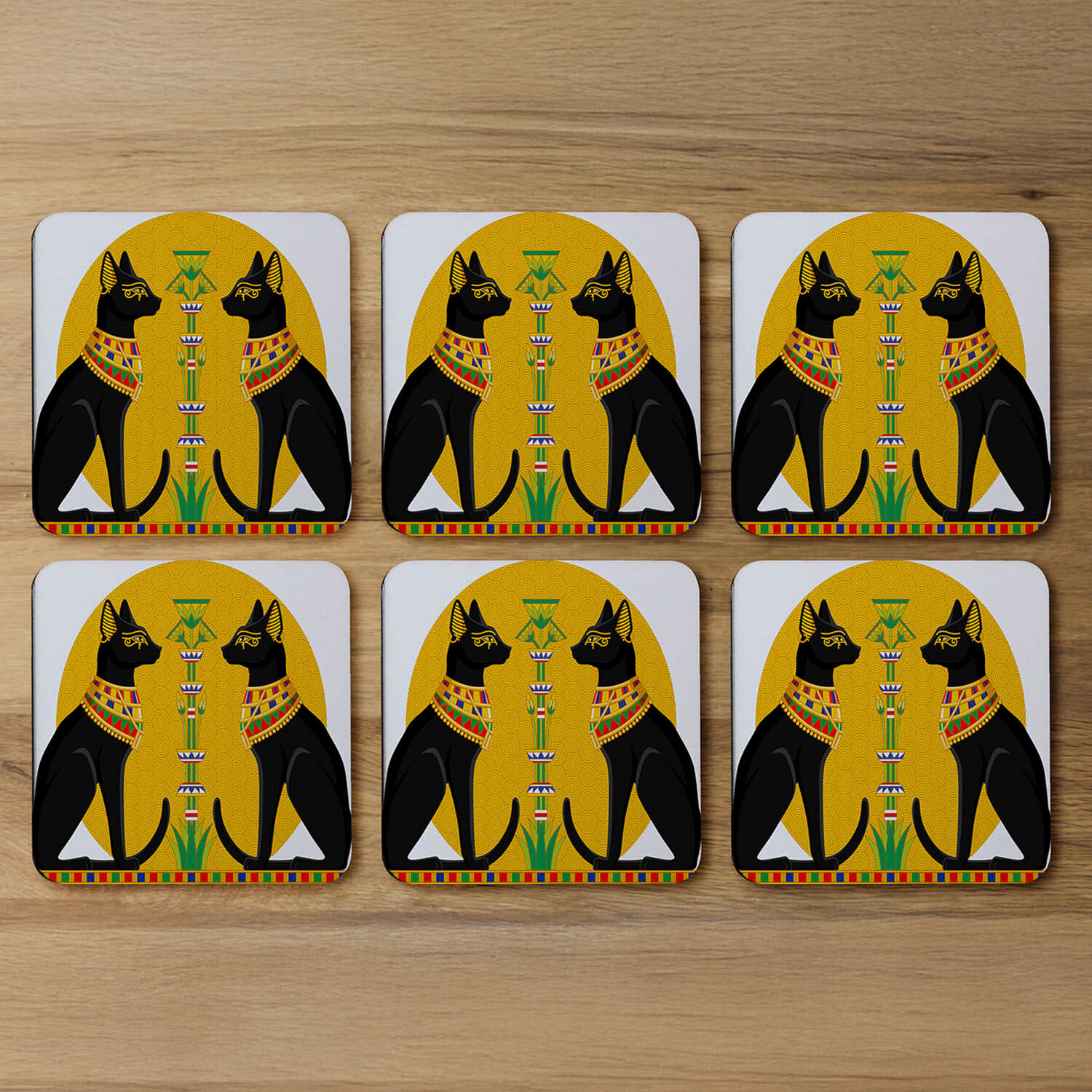 Illustration Of Black Egyptian Cats With Papyrus Coaster - Orange