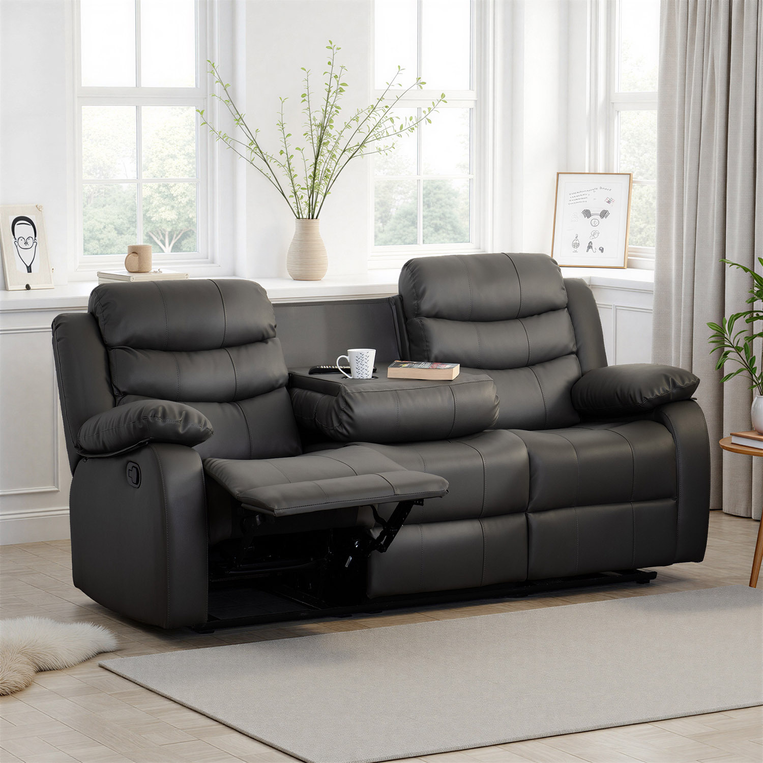 Roma 3 Seater Recliner Sofa - Grey Faux Leather - Grey Pu