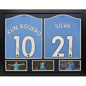 Aguero and Silva Signed and Framed 2 Shirt Manchester City Display