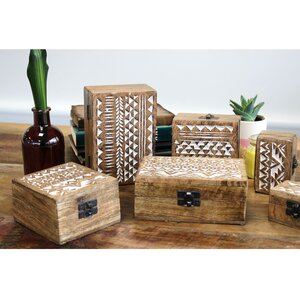 White Washed Wooden Storage Box with Aztec Design
