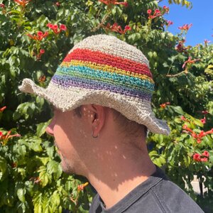 Rainbow Hand-Knitted Hemp  Cotton Boho Festival Hat