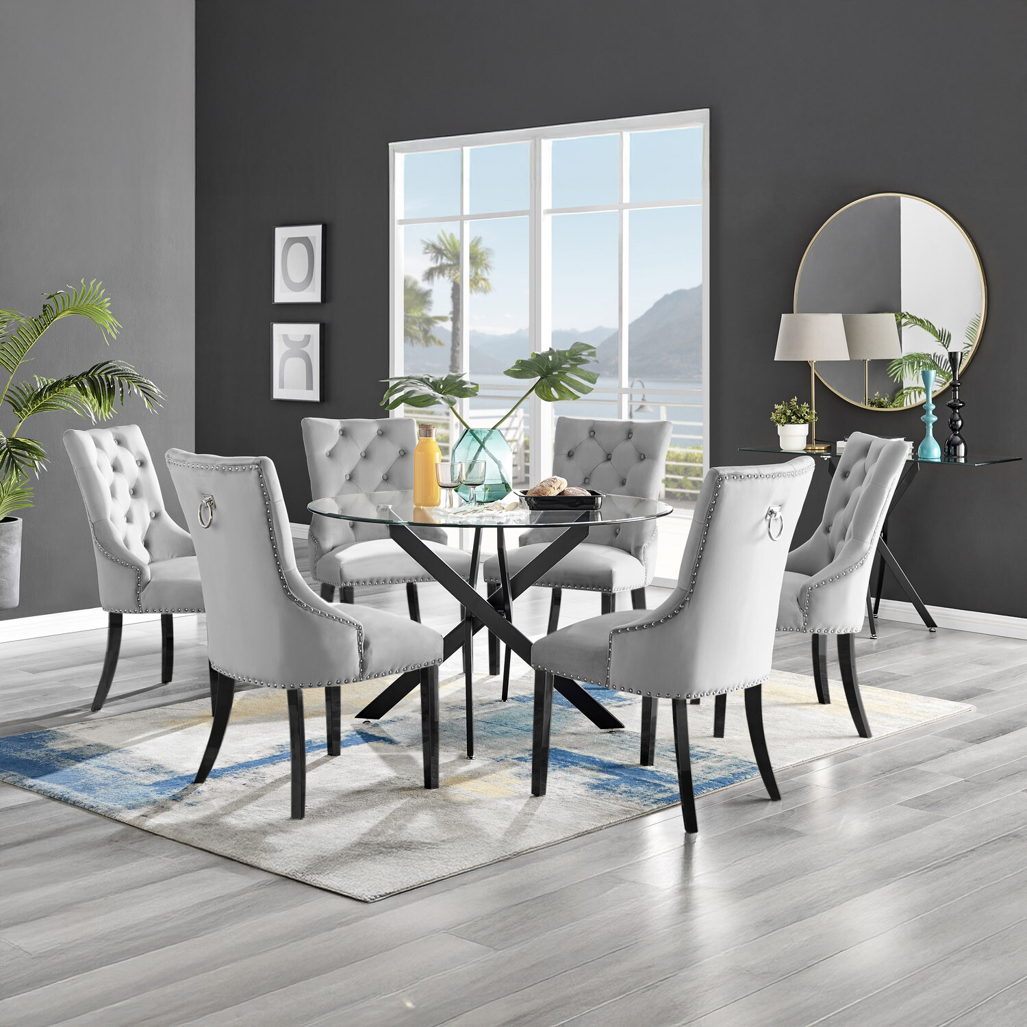 Furnitureboxuk Novara Black Leg 120Cm Round Glass Dining Table And 6 Belgravia Black Leg Chairs - Grey