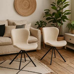 Set of 2 Acorn Cream Bouclé Swivel Dining Chairs with Matt Black Steel Base