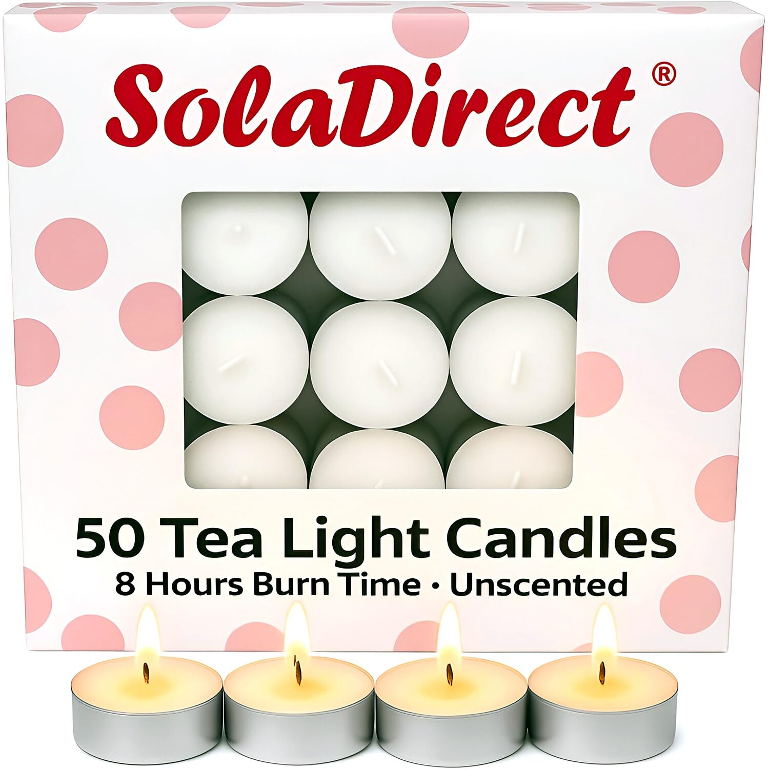 8 Hour Tealights Pack of 50 - Long Burn White Unscented Smokeless Candles - White