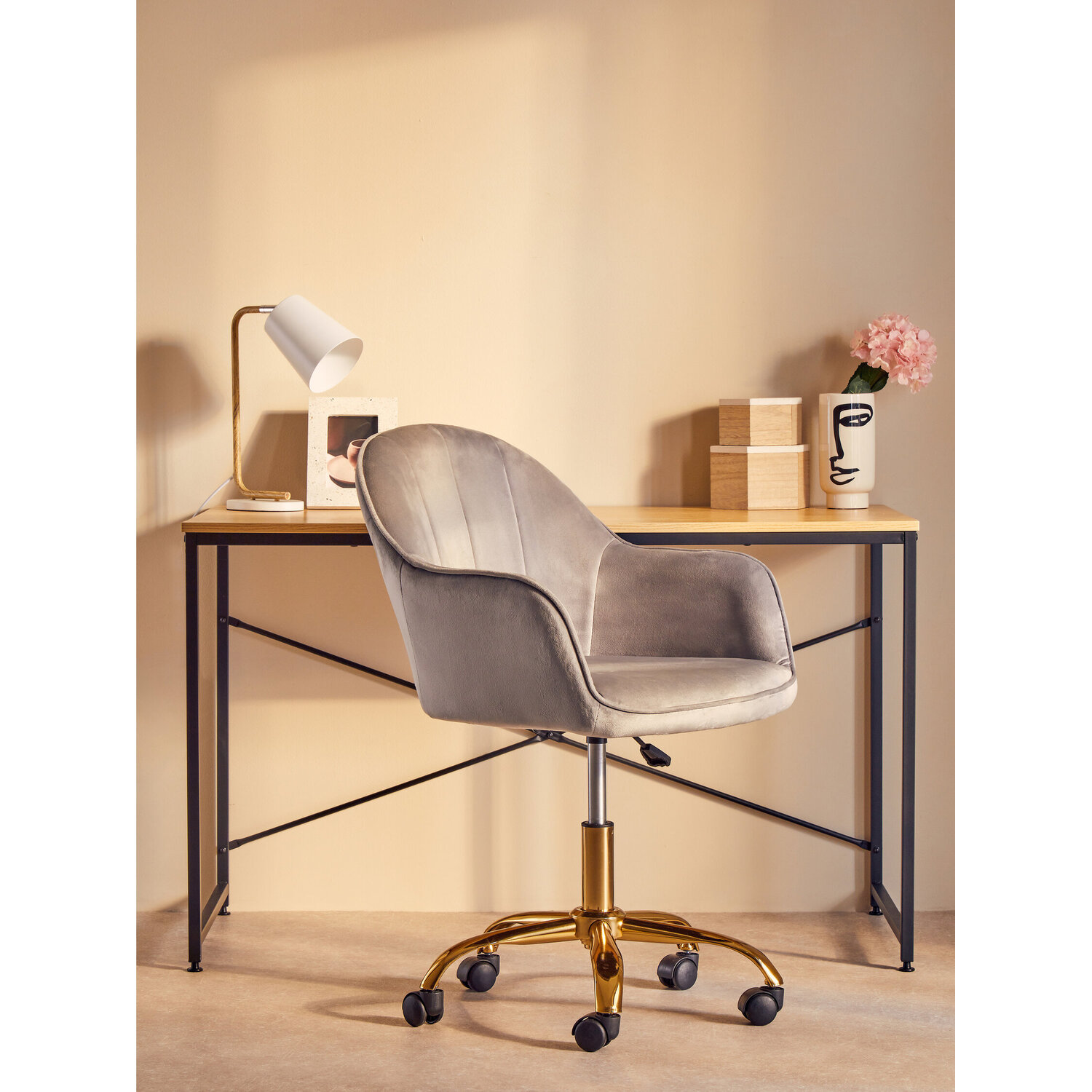 Brent Grey Velvet And Gold Base Home Office Chair - Grey