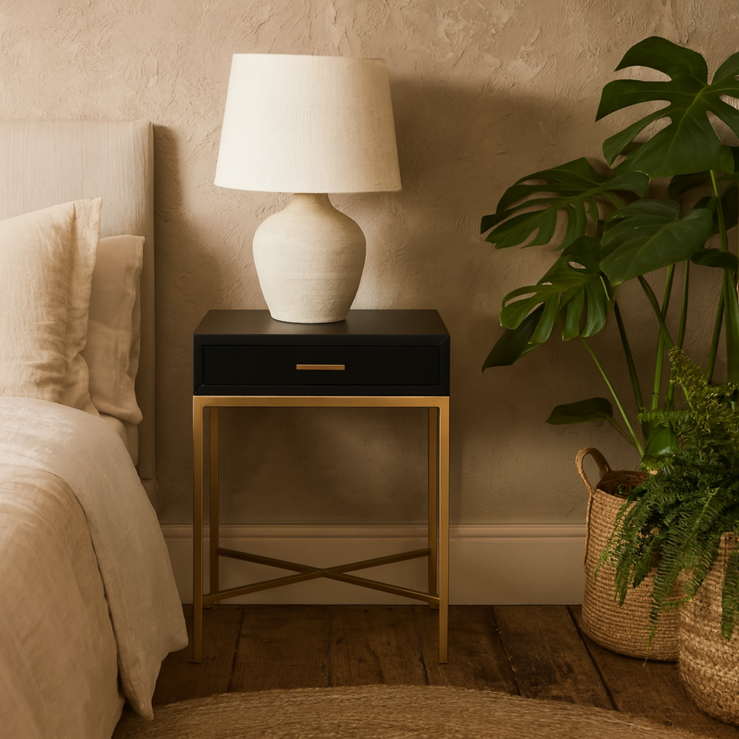 Murano Gloss Bedside Table with Gold Legs and Drawer - Black