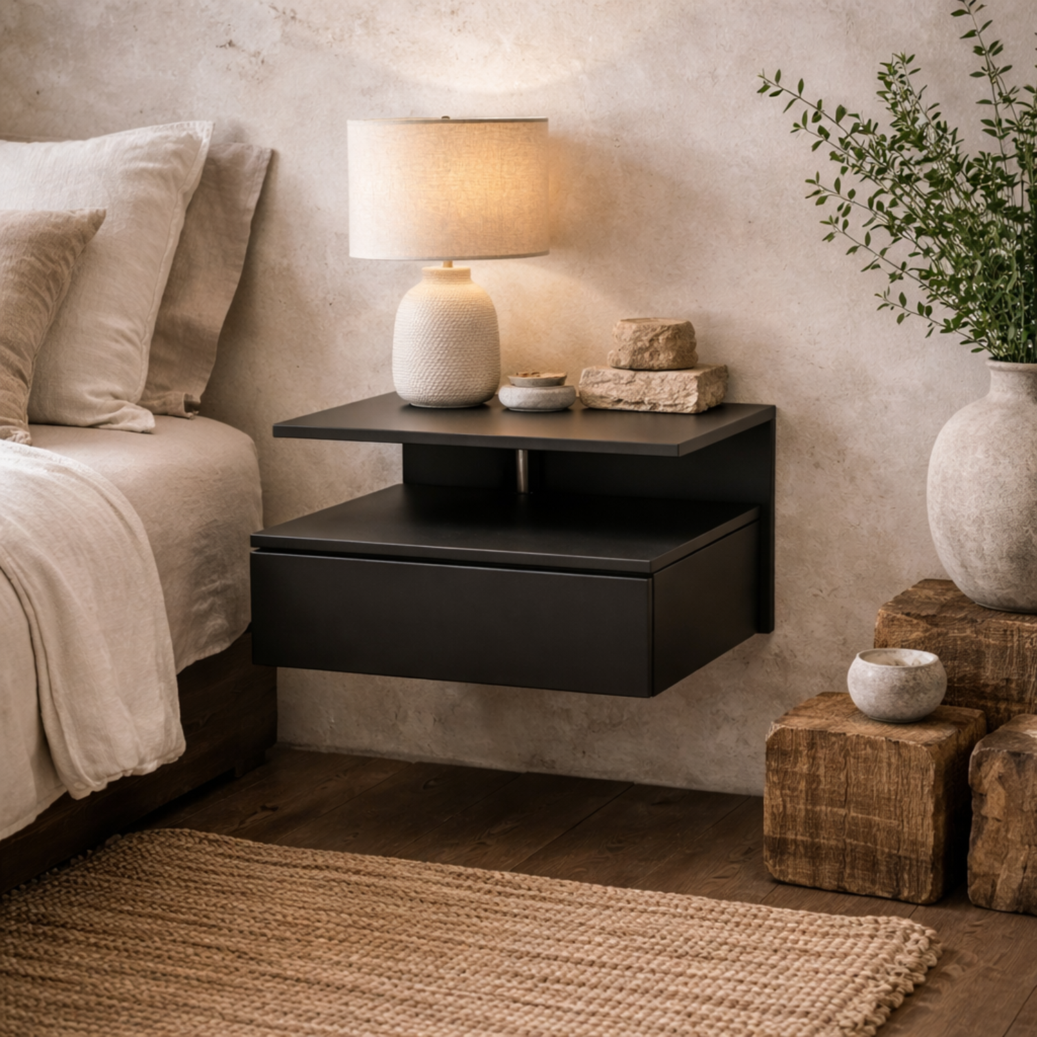 Lincoln Wall Mounted Wooden Bedside Table with 1 Drawer and Open Shelf - Black