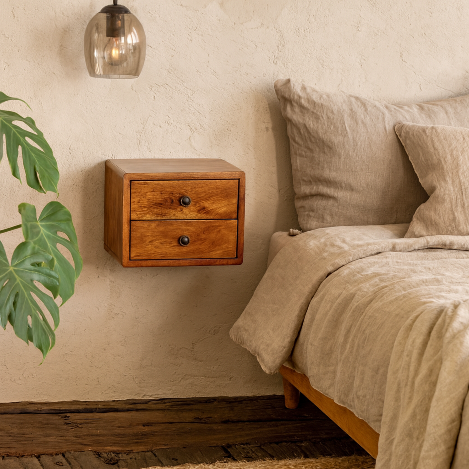 Cortina Solis Collection 2 Drawer Mango Wood Wall Mounted Bedside Table Chestnut - Brown