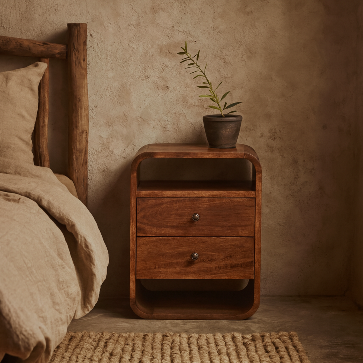 Bologna Chestnut Mango Wood 2 Drawer Bedside Table - Brown
