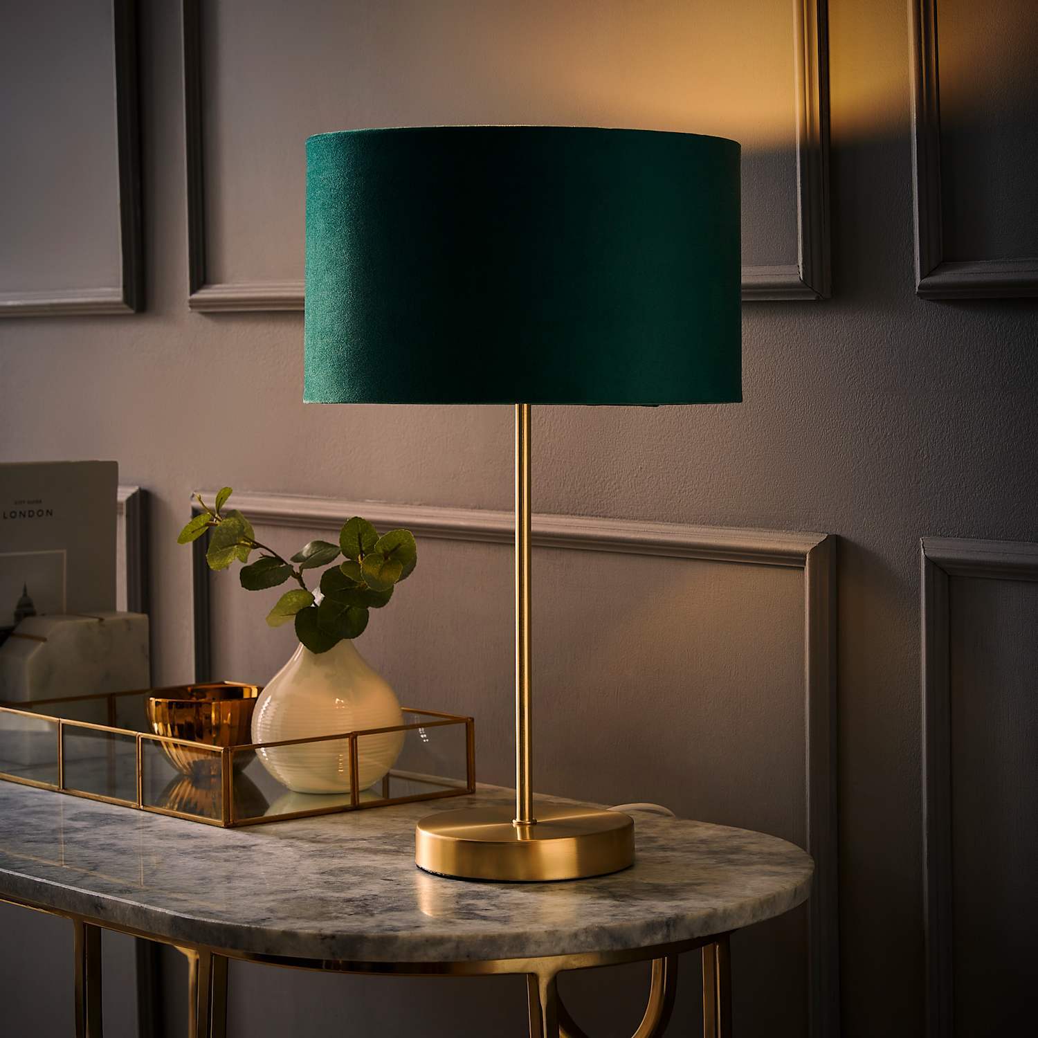 Valuelights Charlie Brushed Chrome Table Lamp With Velvet Shade - Forest Green