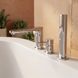 Chrome 3-Hole Bath Tap Pull Out Shower Handle Space Saving Bathroom Mixer Faucet