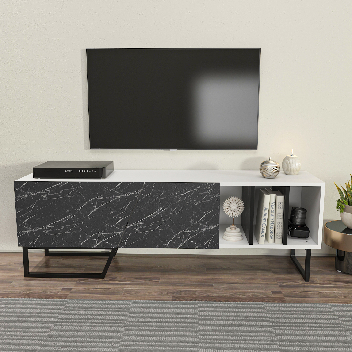 Decorotika Linossa Industrial Tv Unit Tvs Up To 60" - White And Black Marble Effect And Black