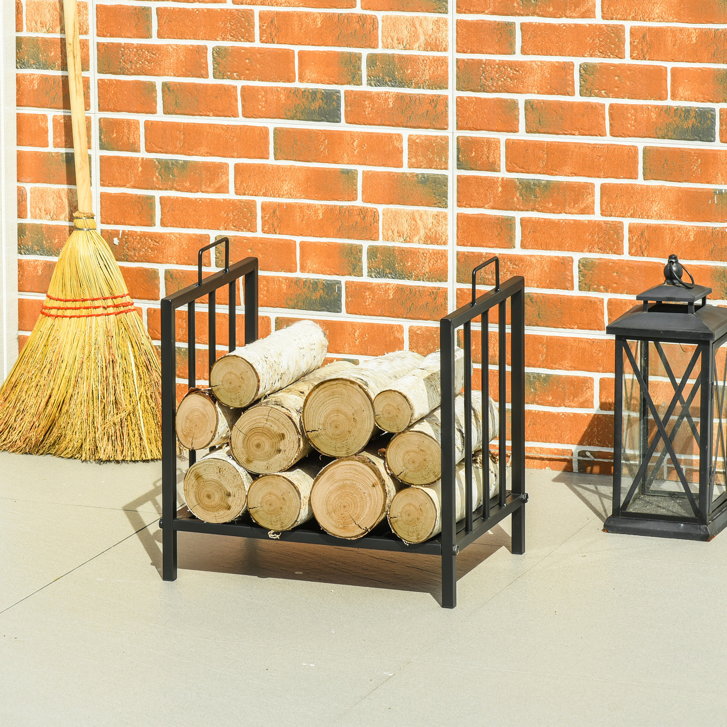Outsunny Firewood Log Rack Fireplace Log Holder With 2 Handles - Black