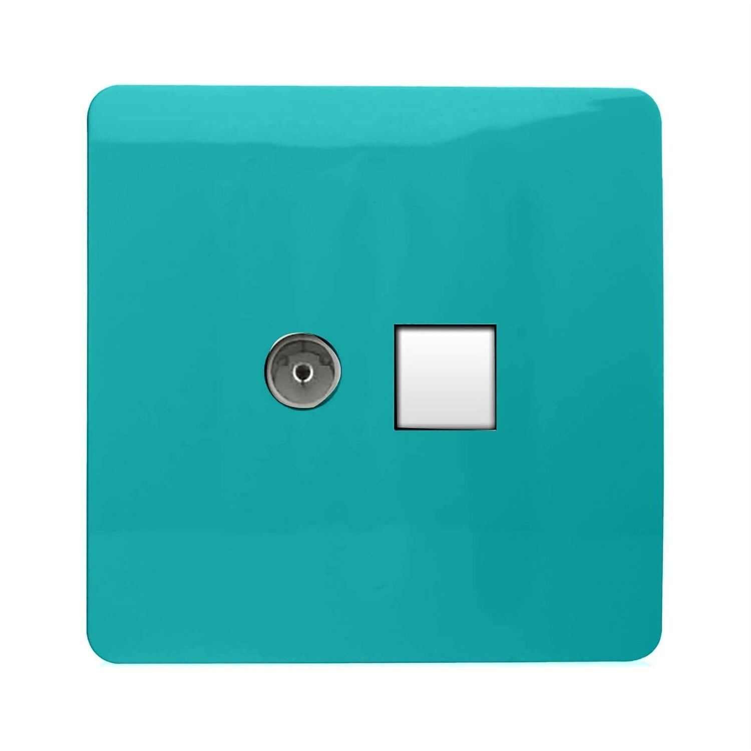 Trendi Switch 2 Gang Tv Co-Axial & Rj45 Cat 6 Modern Designer Pc Ethernet Socketsin Bright Teal - Image 2