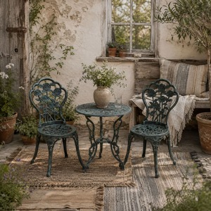 Lafira 3 Piece Cast Aluminium Garden Bistro Table and Chair Set, Antique Green