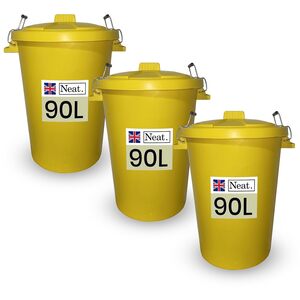 Neat. 90L Large Plastic Bin With Metal Handle, Heavy Duty Kitchen Dustbin With Lid- Yellow