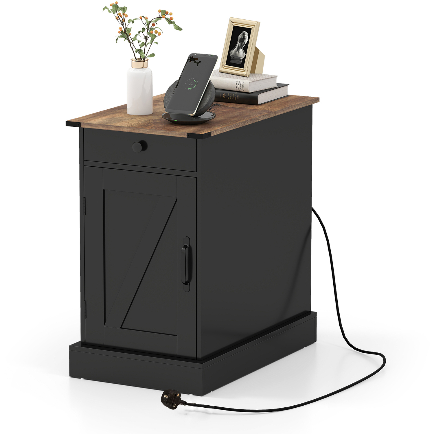 Costway Bedroom End Table With Charging Station - Black