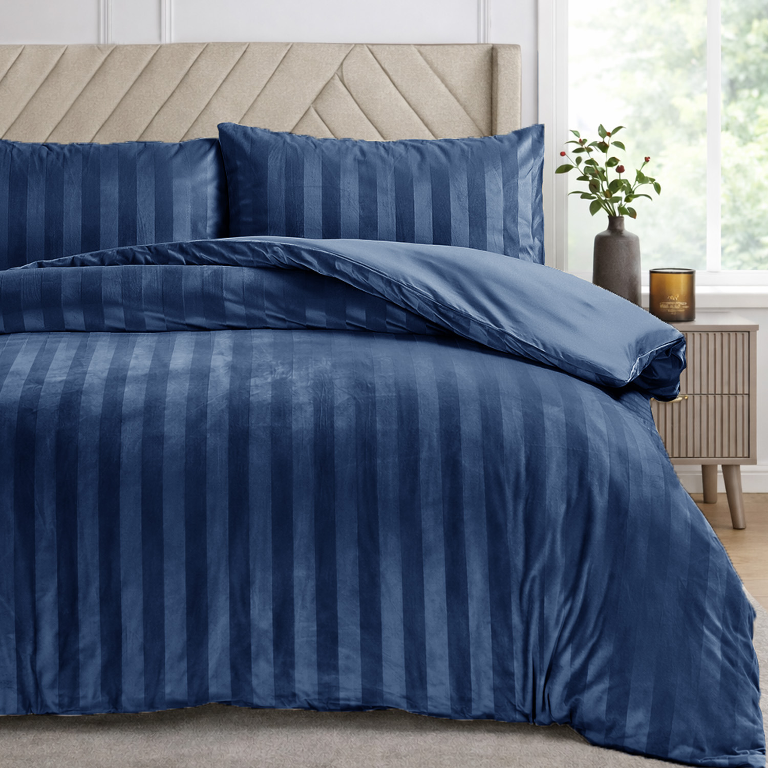 Luxury Velvet Stripe Duvet Set - Navy