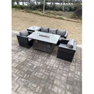 Outdoor PE Rattan Garden Furniture Gas Fire Pit Dining Table Armchairs