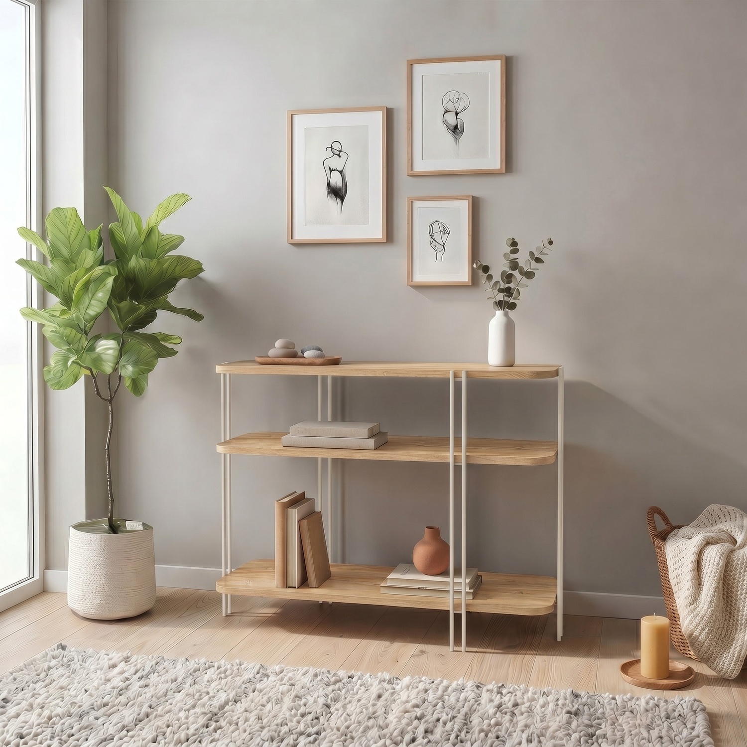 Decortie Notus Open Console Table With Metal Frame - Oak
