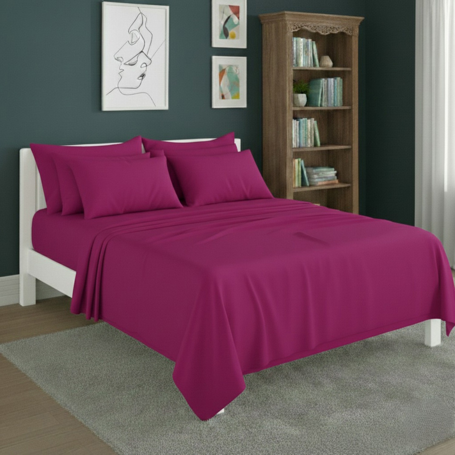 Snug City Plain Poly Cotton Easy Care Fitted Flat Sheet Matching Pillowcases Set in Fuchsia | Size: Single