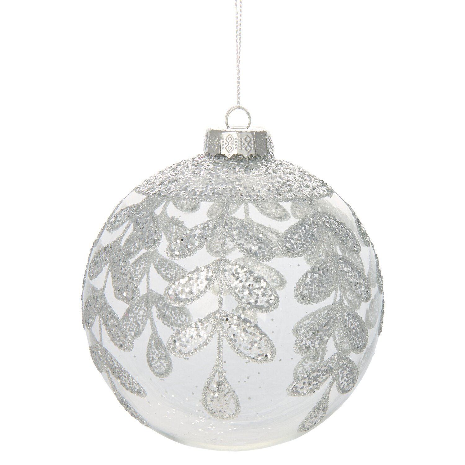 Winter Crystal Glitter Leaf Patterned Bauble - Silver