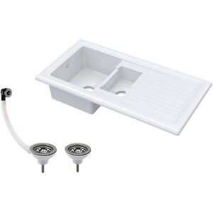 Balterley Traditional 101Cm 1.5 Bowl Fireclay Inset Kitchen Sink & Drainer & Wastes - White