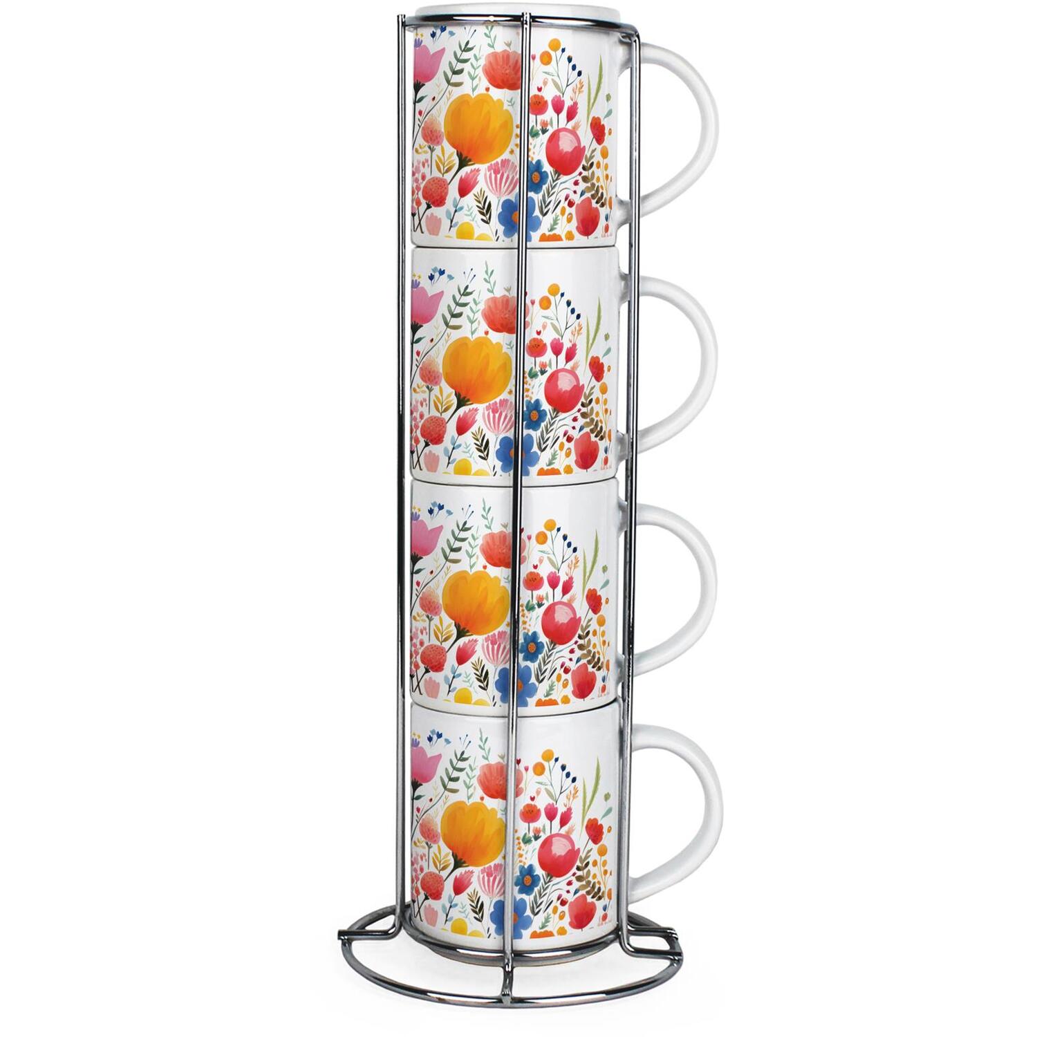 B&Q -  Bright Floral Stacking Mugs SetPretty Flower Presents For HerSet Of 4 Ceramic Mugs Gift Set With Metal Stand - Image 3