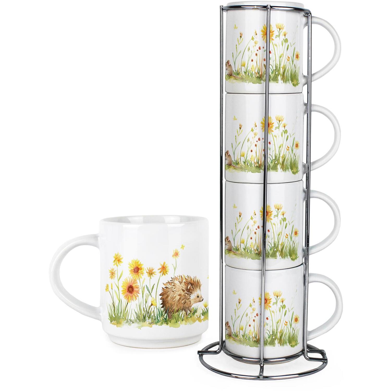 Hedgehog Wildlife Small Stacking Mugs - Ceramic Drinkware Set of 4 with Stand - Image 3
