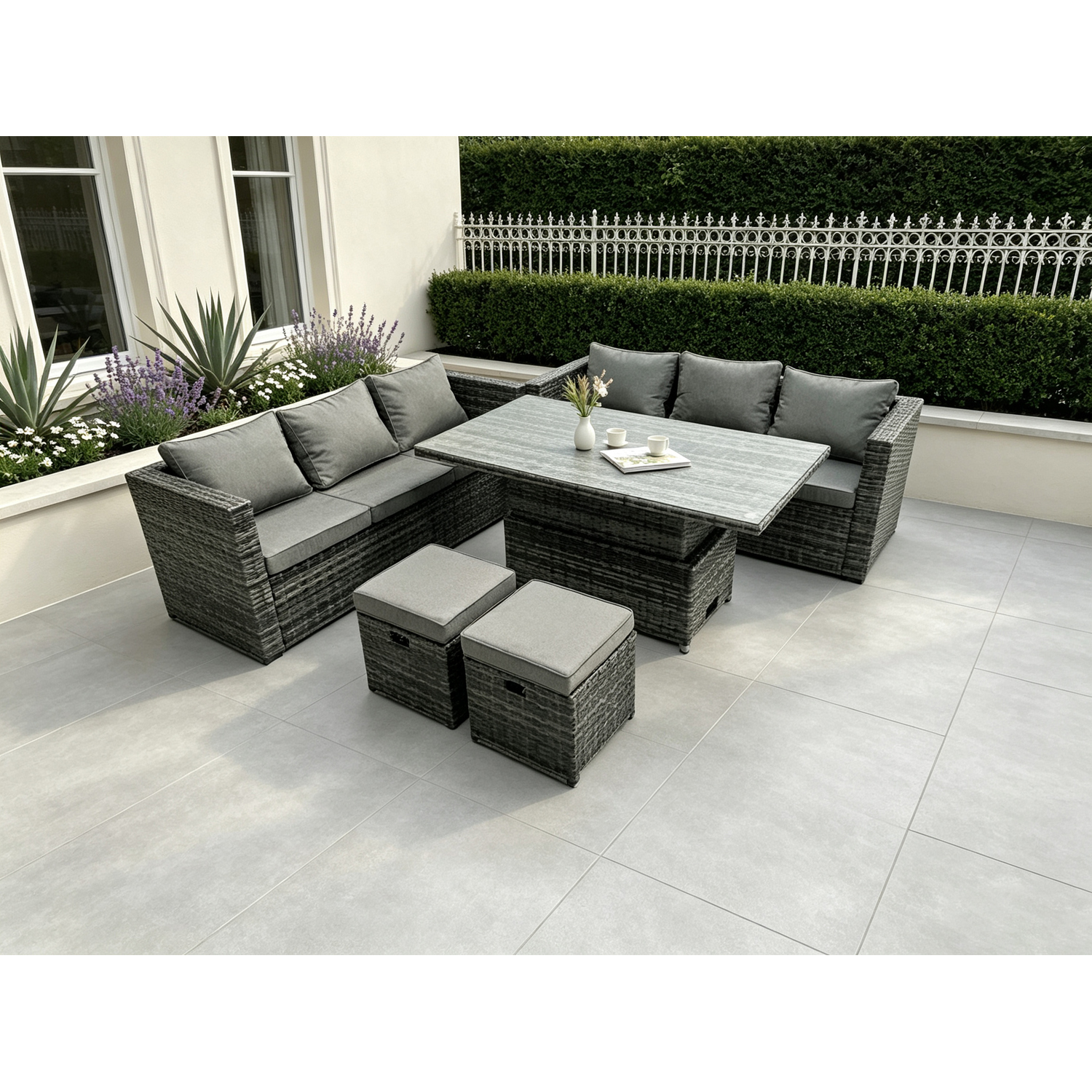 B&Q - 8 Seater Outdoor Rattan Sofa Set Garden Furniture Adjustable Rising Lifting Dining Table Footstools Dark Grey Mixed - Image 2