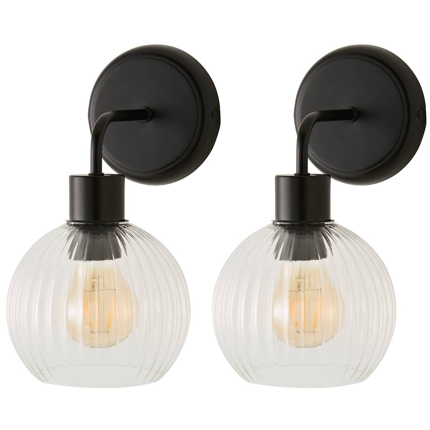 Valuelights Maddison Clear Ribbed Glass Globe Metal Wall Light Fitting - Brushed Gold / 1 / No - Black / 2