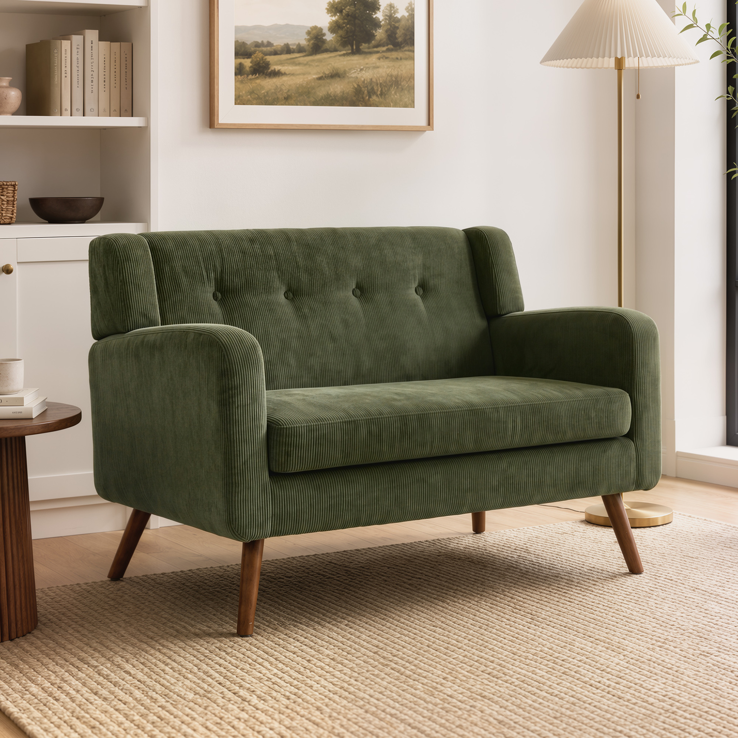 Homcom Dark Green 2 Seater Sofa, 118 Cm Corduroy Small Loveseat With Spring Cushion, Wood Legs For Small Space, Living Room, - Image 3