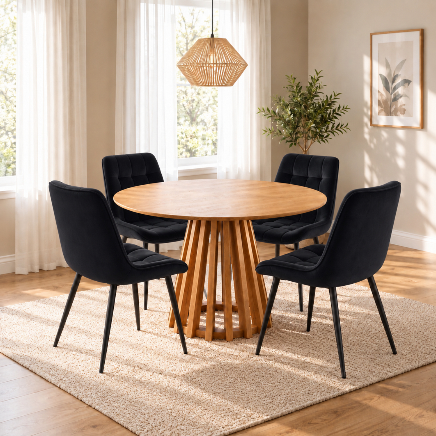 Outdoor Living Unisex Black Kayci Round Oak Effect Dining Table With Erica Chairs In Size 4 - Image 2