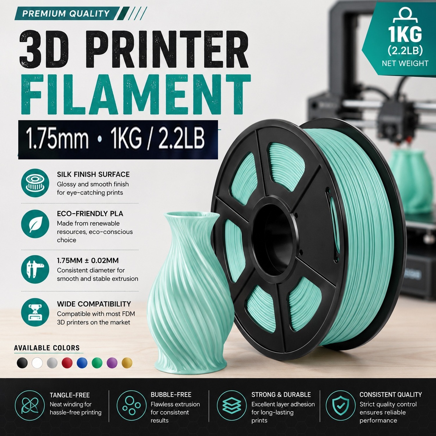 Atek Pla 3D Printer Filament 1.75Mm 1Kg Green Teal Spool Low Warp Fdm