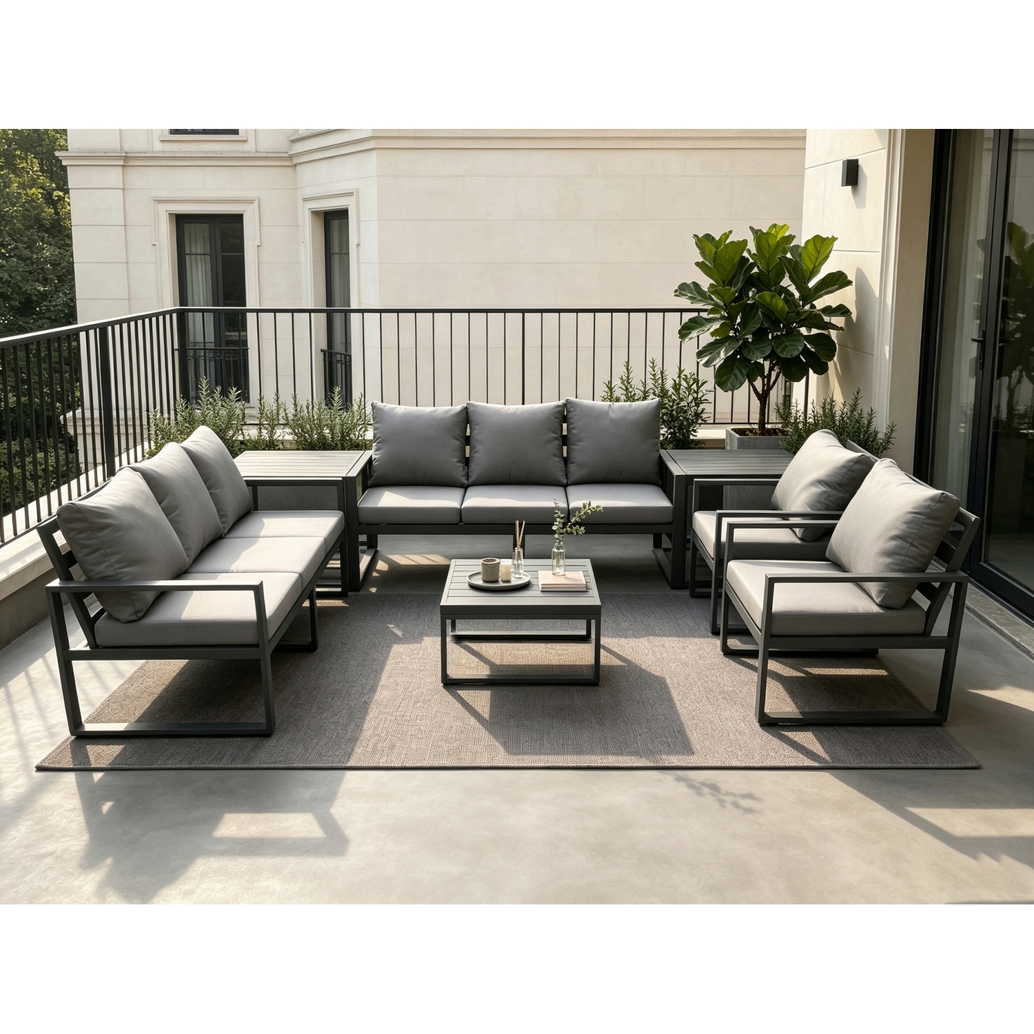 Fimous Dark/Grey Aluminium Outdoor Lounge Sofa Set Garden Furniture Sets With Square Coffee Table 2 Chairs 2 Side Tables 8 Seater - Image 2