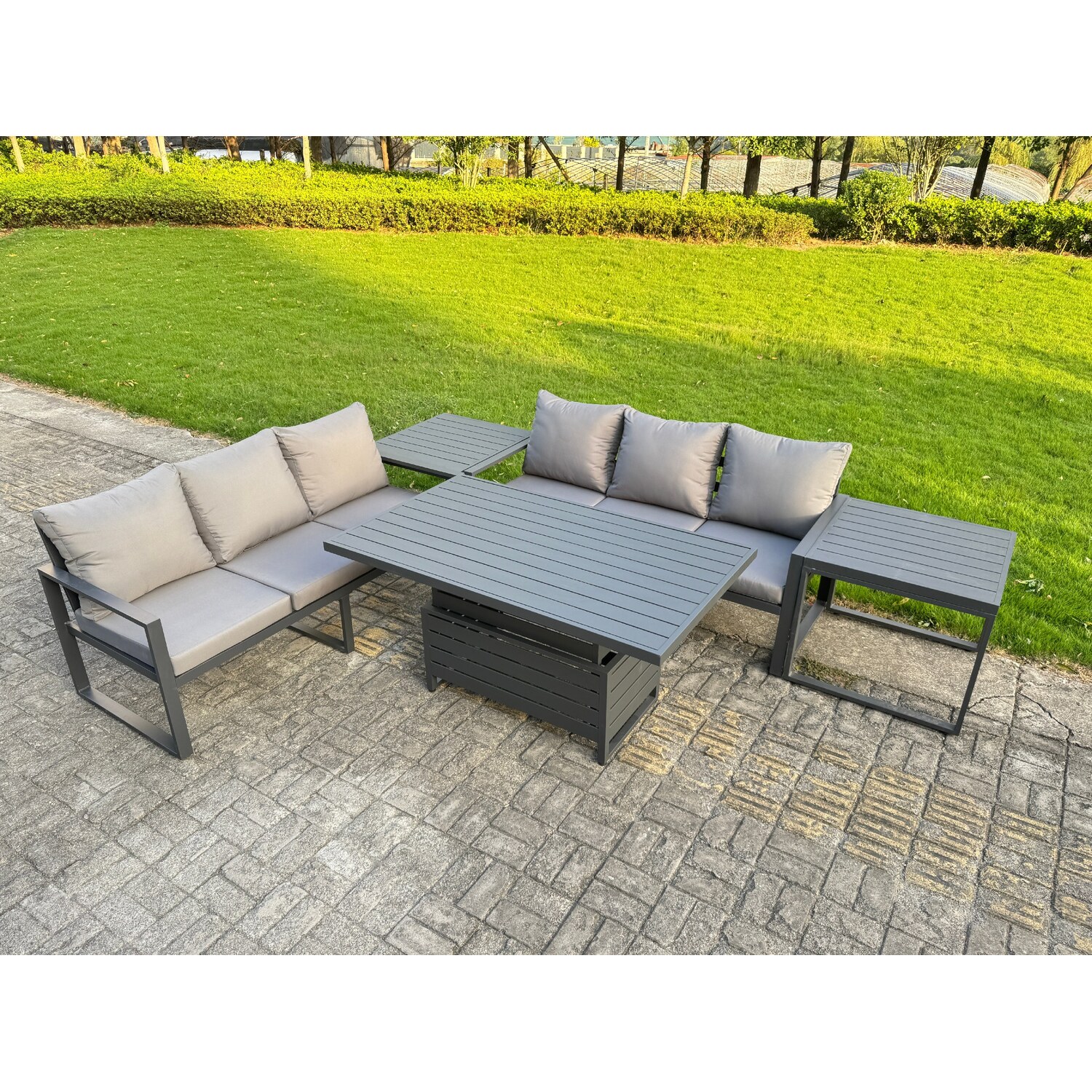 Fimous Dark/Grey 6 Seater Aluminium Garden Furniture Set With Adjustable Rising Dining Table, 2 Sofas And 2 Side Tables - Image 3