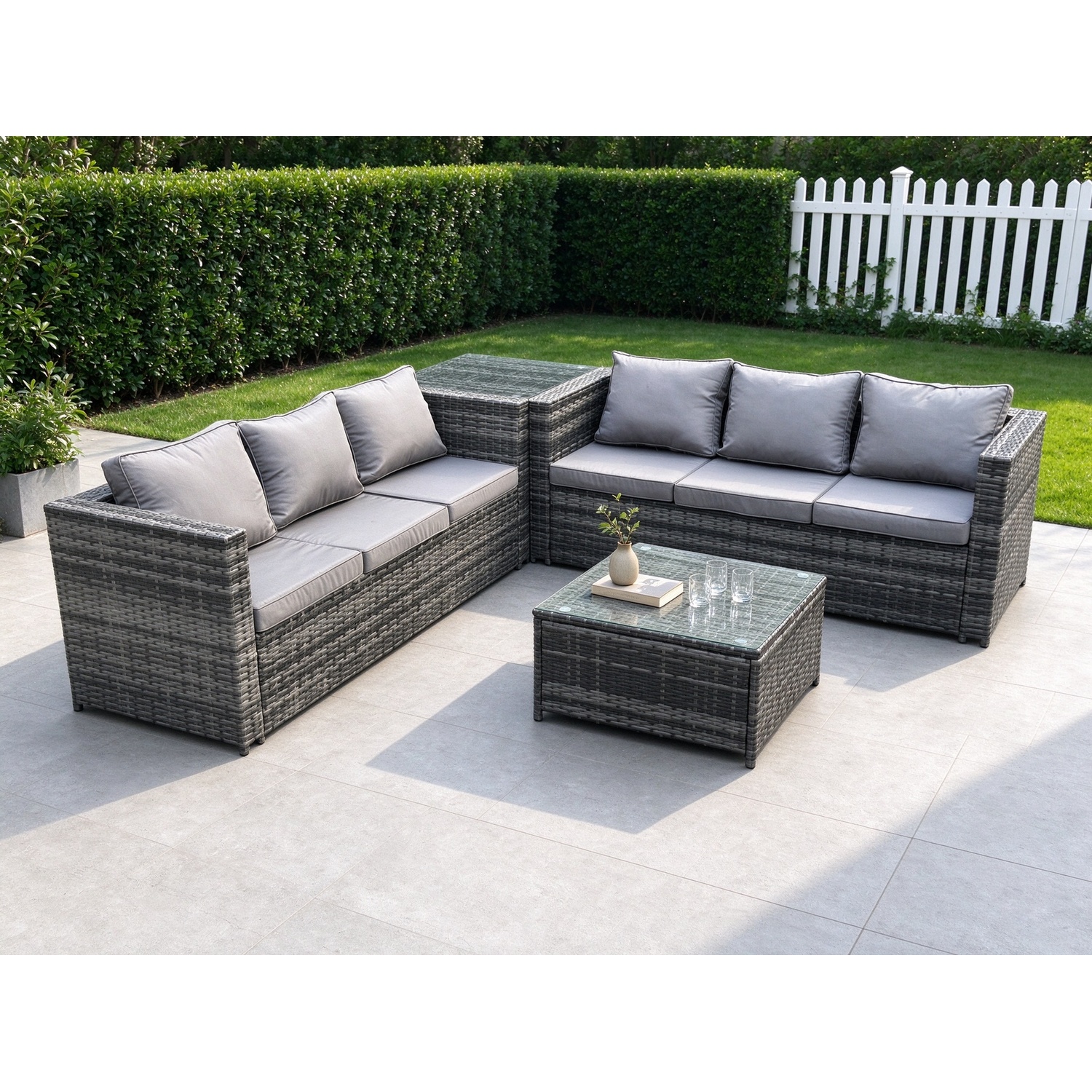 Fimous Rattan Garden Furniture Set 6 Seater Patio Outdoor Lounge Sofa Set With Side Table Square Coffee Table Dark Grey Mixed - Image 3