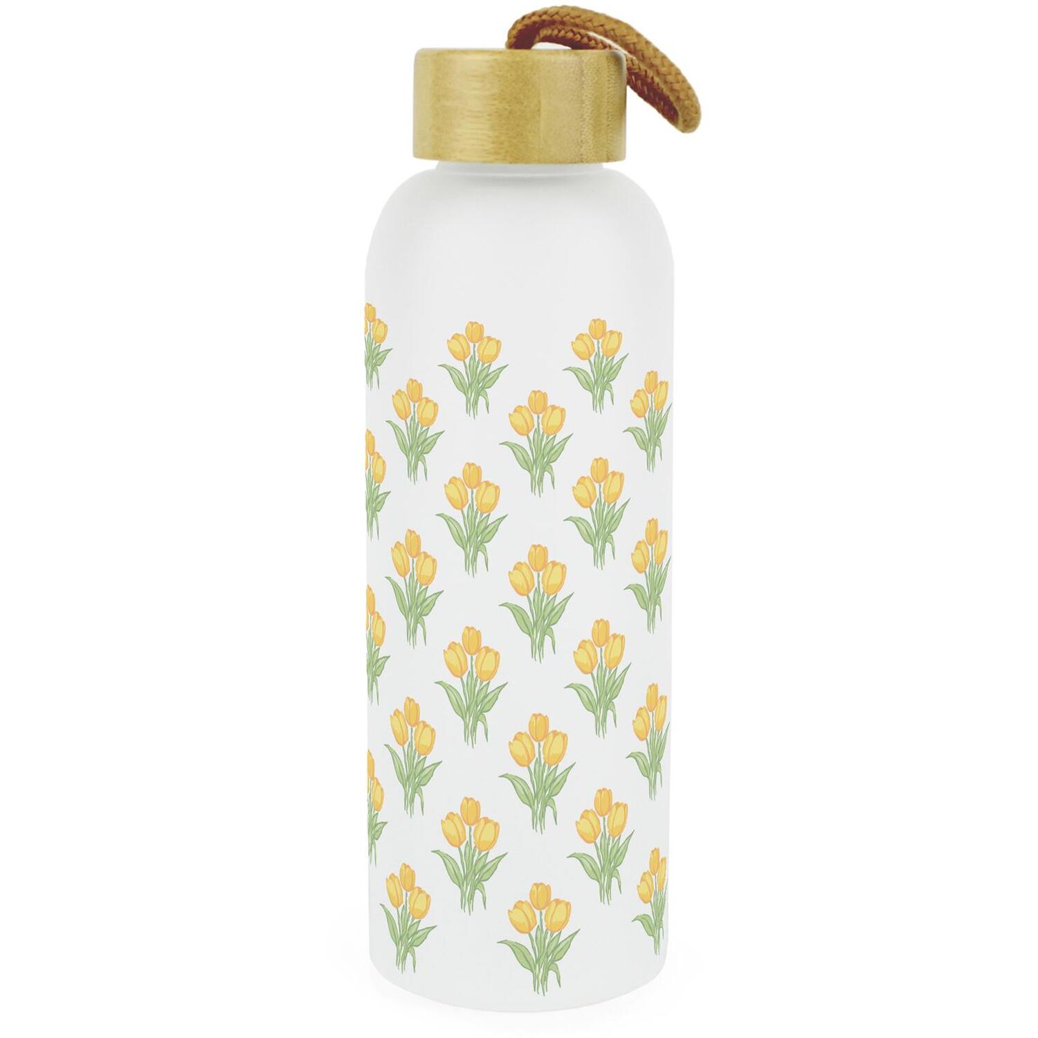 Yellow Tulip Bunches Frosted Glass Water Bottle & Wooden Lid, Reusable Gift - Image 2