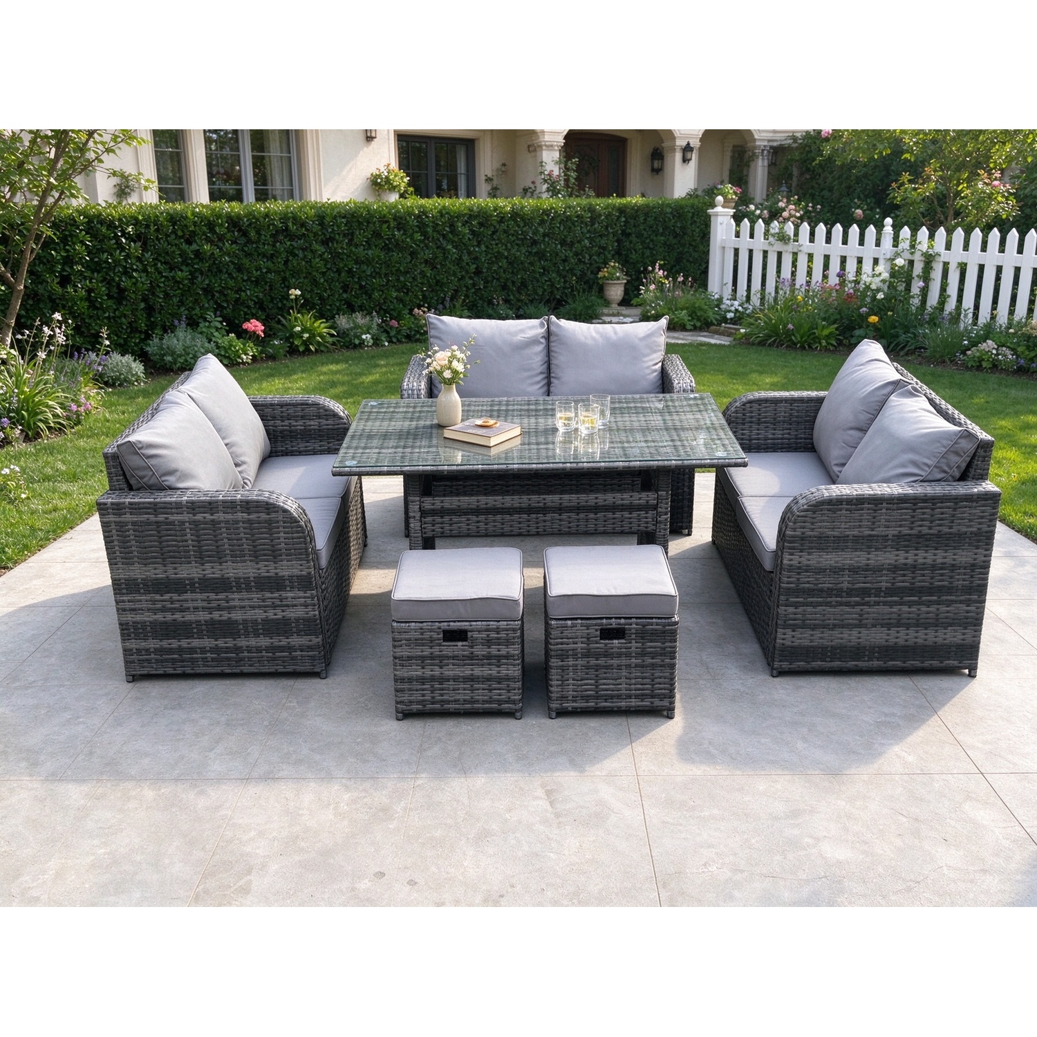 B&Q - 8 Seater Outdoor Rattan Garden Furniture Set With Patio Rectangular Dining Table Love Sofa 2 Small Footstools - Image 2