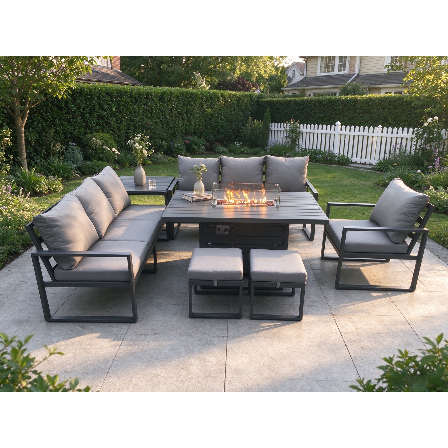 Fimous Dark/Grey Aluminium 7 Pieces Garden Furniture Sofa Set With Cushions 9 Seater Gas Fire Pit Dining Table Set With Side Table 2 Small Footstools - Image 2