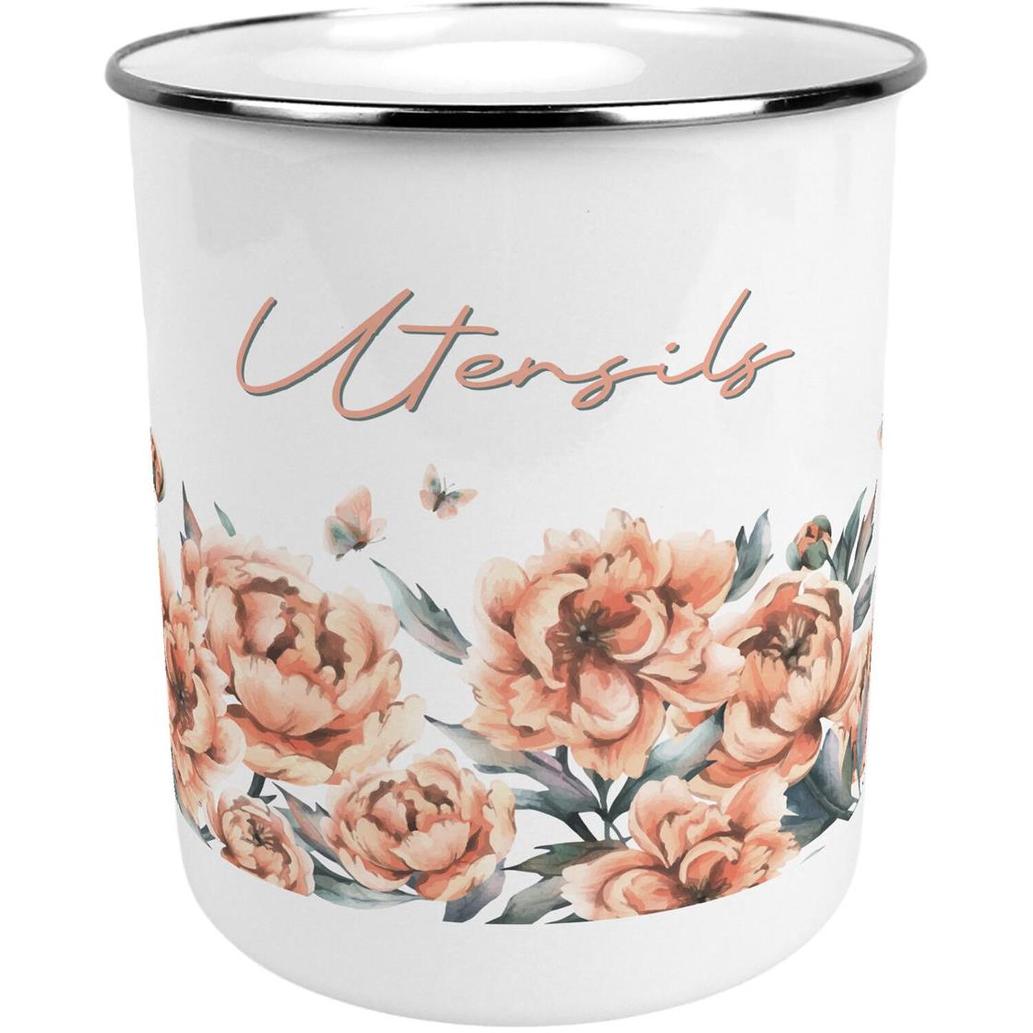 Peach Peonies Metal Kitchen Utensil Storage Pot - Floral Kitchen Organiser Gift - Image 2