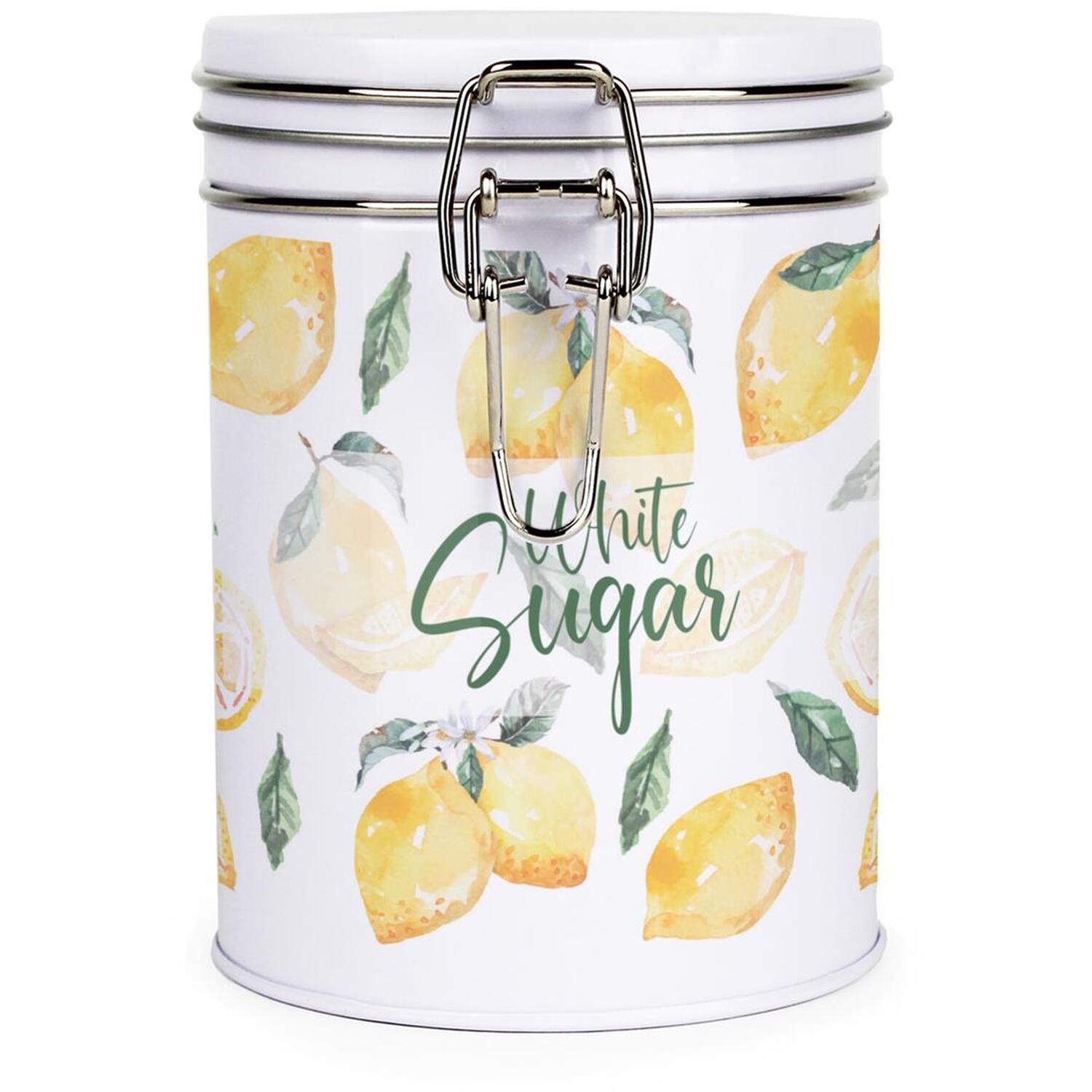 Lemon Print White Sugar Canister - Stylish Metal Clip-Lid Kitchen Storage Gift - Image 2